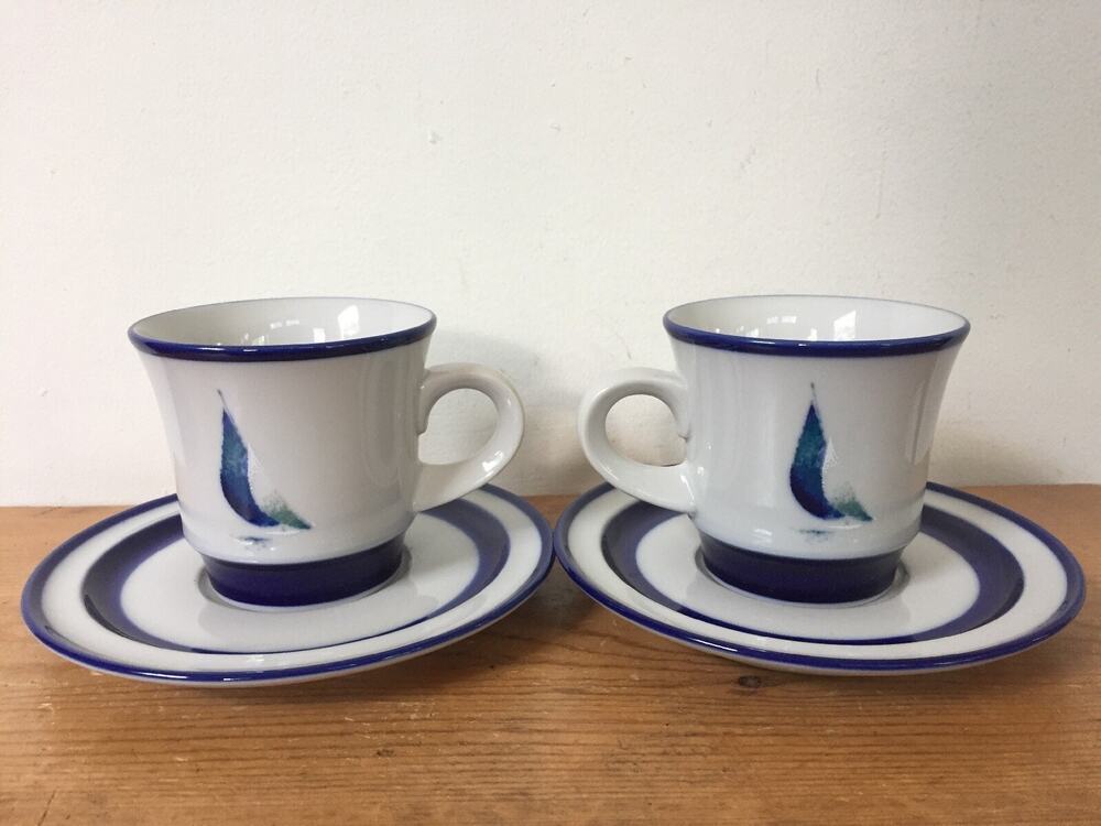 Pair Vtg Noritake Fjord Running Free Blue Sail Boats Stoneware Cups Saucers Set